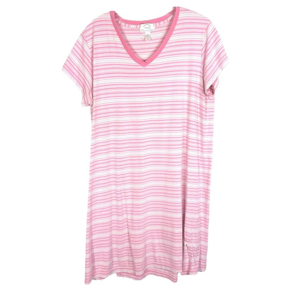 Oscar de la Renta XL Nightgown Shift Pink Stripe Cotton Stretch Short Sleeve 233